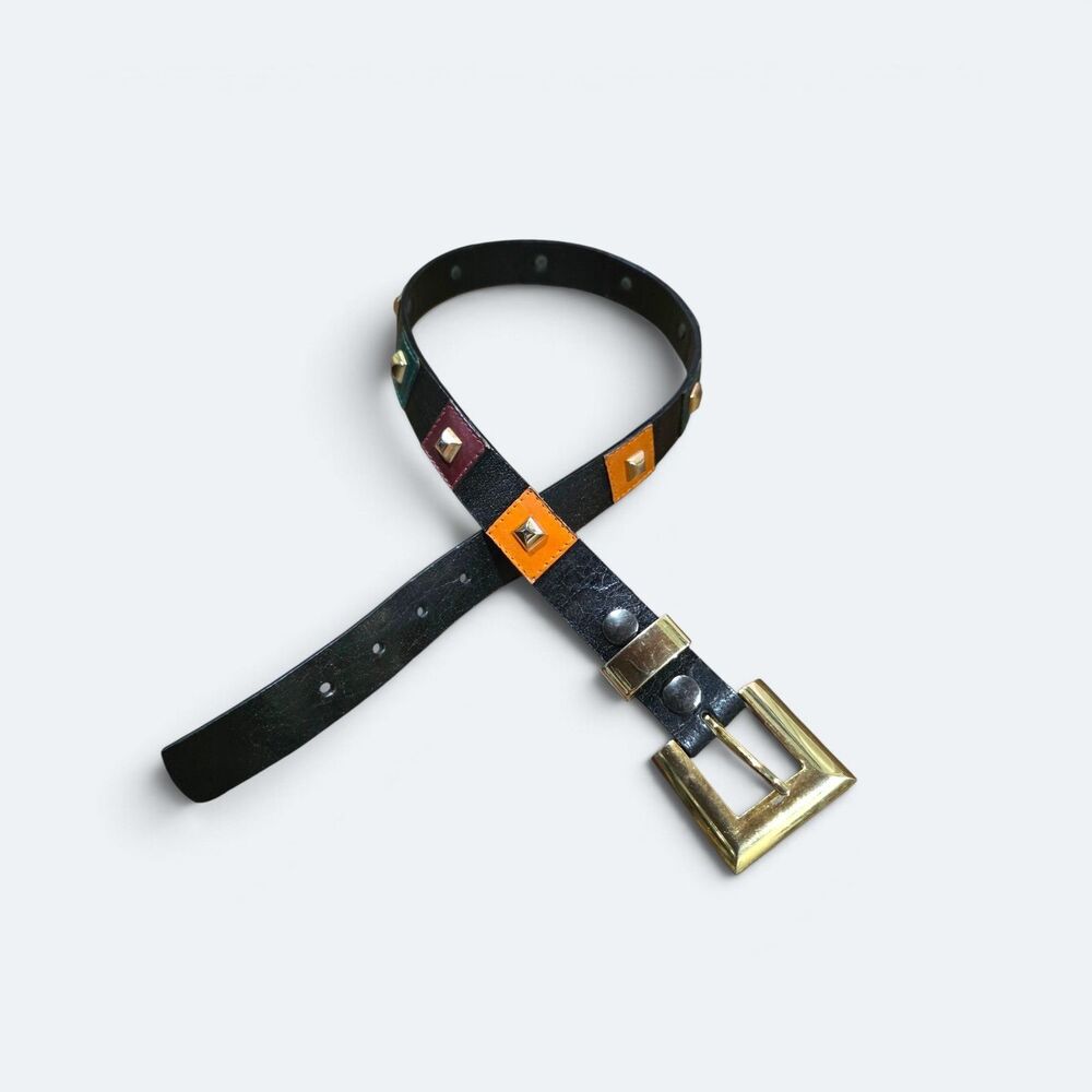Vintage Black Leather Studded Patchwork Belt Gold Square Buckle Color Block
